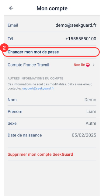 Menu Mon compte avec l'option Modifier mon mot de passe